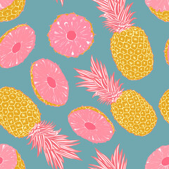 Pink Pineapple seamless pattern with tropical leaves and fruit 