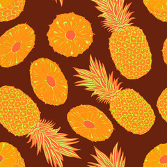Pineapple seamless pattern with tropical leaves and fruit 