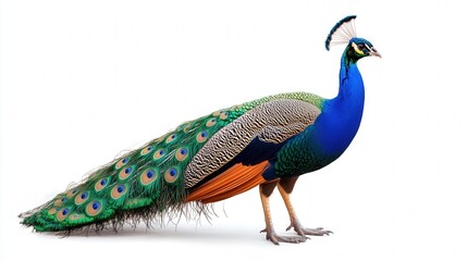 Fototapeta premium Vibrant, colorful peacock displaying its feathers against a white background.