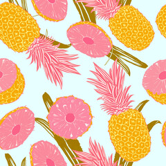 Pink Pineapple seamless pattern with tropical leaves and fruit 