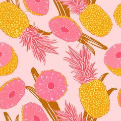 Pink Pineapple seamless pattern with tropical leaves and fruit 