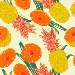 Pineapple seamless pattern with tropical leaves and fruit 