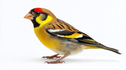 A vibrant, colorful bird with striking yellow and red markings perched against a white background.