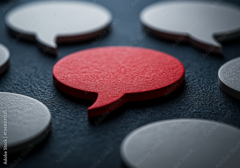 Poster red speech bubble surrounded by gray speech bubbles representing communication and discussion. speec