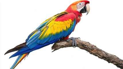 Fototapeta premium Vibrant scarlet macaw perched on a branch against a white background.