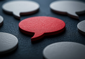 Red speech bubble surrounded by gray speech bubbles representing communication and discussion. Speech bubbles on a dark background symbolizing conversation and interaction