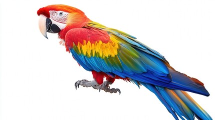 Fototapeta premium Vibrant scarlet macaw showcasing its bright plumage against a white background.