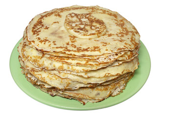 blinys in high stack, for traditional for Butter Week festive. round thin dough products, on milk and eggs. cooked on pan. isolated on white background