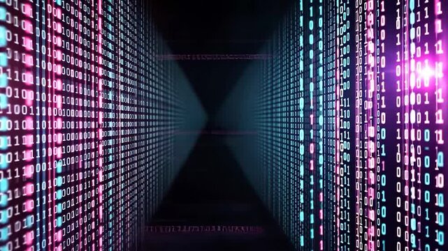 Abstract digital corridor with binary code flowing, illuminated by vibrant neon lights