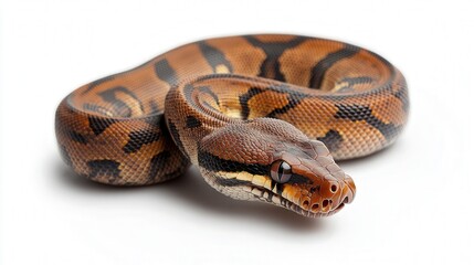 Obraz premium Close-up of a brown and black patterned snake coiled gracefully on a white background.