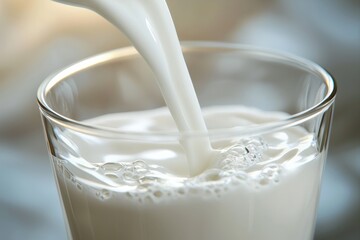 Fresh milk pouring into a clear glass on soft gray background for world milk day