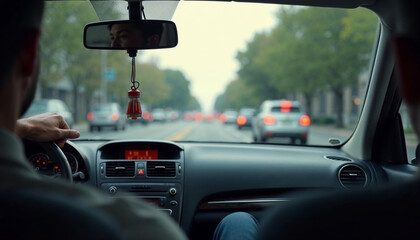 A driver drives a car on a busy city street, focusing on the steering wheel and the blurry traffic in the distance.