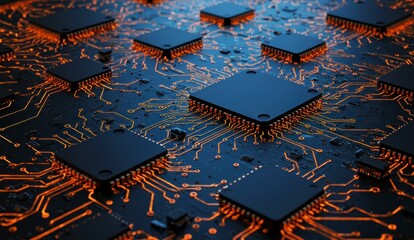 Close-up of circuit board with microchips showing orange and black design. Concepts: technology, digital innovation, engineering.