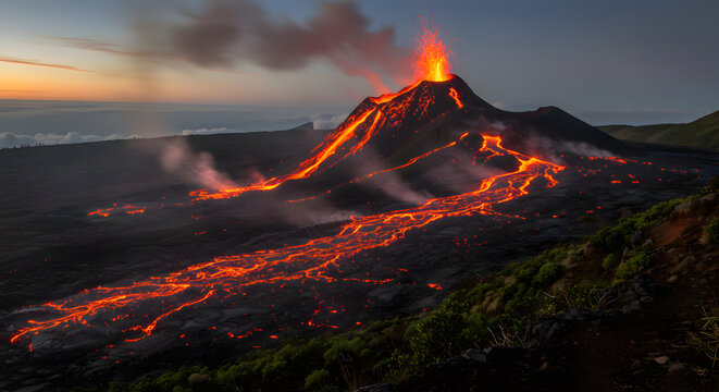 Erupting Volcano Flows Lava at Sunset Landscape on Reunion Island