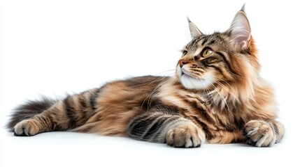 Obraz premium A majestic Maine Coon cat resting gracefully on a white background.