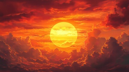 A vibrant sunset casts golden and red hues over billowing clouds with the sun as a radiant focal point.