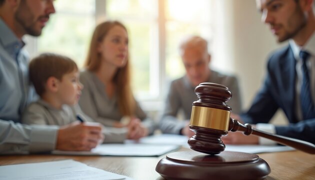 Family meeting with lawyer. Gavel foreground justice. Group discusses legal matters. Divorce, child custody, property division, family law. Serious face expressions, support. Consultation in court. - Powered by Adobe