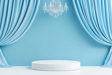 A serene, elegant display showcasing a pristine white pedestal beneath a dazzling crystal chandelier, framed by soft, powder-blue curtains against a matching wall.