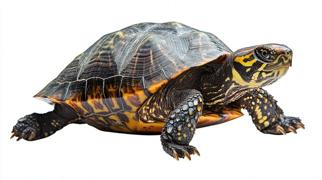 Close-up of a turtle with intricate shell patterns against a white background.