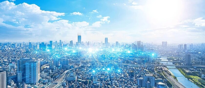 A panoramic view of a smart city highlighting infrastructural connectivity and sustainability.