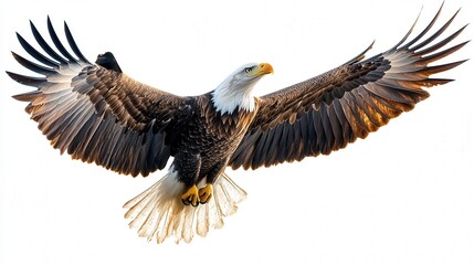 Fototapeta premium Majestic bald eagle soaring with outstretched wings against a clear sky.