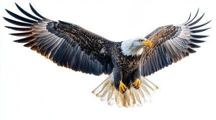 Fototapeta premium Majestic bald eagle soaring with wings spread against a bright sky.