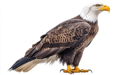 Obraz premium Majestic bald eagle with sharp gaze and powerful stance against a white background.