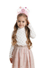Cute little girl with beautiful headband on white background