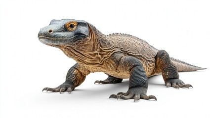 Obraz premium Close-up of a Komodo dragon on a white background showcasing its detailed scales.
