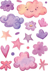 Watercolor hand painting clouds illustrations set. Isolated on white background. Pink, violet, flowers, stars, cute. Use it for cards, invitations and scrapbooking.