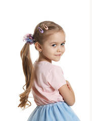 Cute little girl wearing beautiful hair accessories on white background