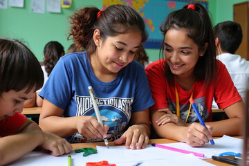 Fototapeta premium Two girls, one in blue and one in red, smile as they draw on paper at a classroom desk. A green wall with a world map and other students in the background create a lively, creative atmosphere