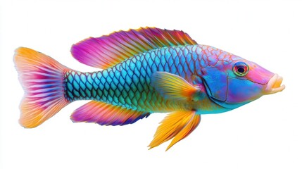 Fototapeta premium Vibrant tropical fish with iridescent scales and vivid colors against a white background.