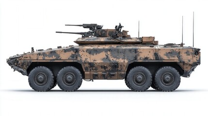 Fototapeta premium Armored military vehicle with camouflage design on a white background.