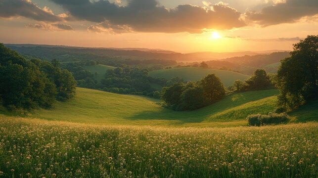 Sunset over rolling hills, wildflowers bloom.