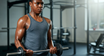 Fototapeta premium Focused young man lifting weights in the gym for strength training