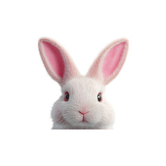 Obraz premium An adorable fluffy white bunny rabbit with pink ears peeking curiously from behind a white background, showcasing its soft fur and bright eyes.