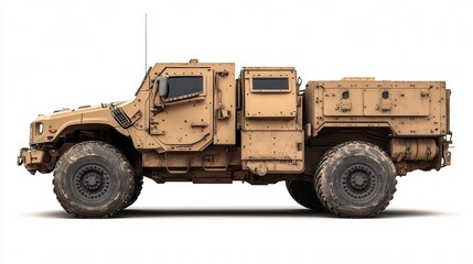 Side view of a rugged military vehicle with a sandy texture on a white background.