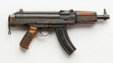 Fototapeta premium Vintage assault rifle with a wooden grip and metal components on a white background.