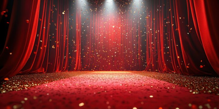 Red carpet setup with glitter and curtains for a grand event in a dimly lit auditorium preparing for an evening celebration