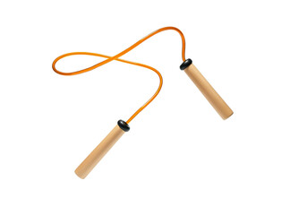 A skipping rope floating mid-air with handles apart, on a solid white background