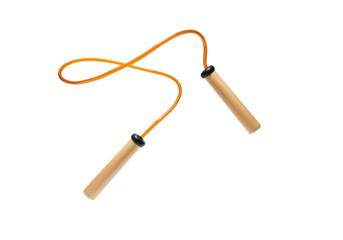 A skipping rope floating mid-air with handles apart, on a solid white background