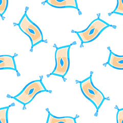 Seamless pattern with magic flying carpets soaring through white background