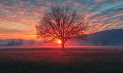 Obraz premium Sunrise silhouettes tree field tranquil vibrant colors