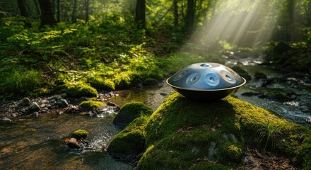 Handpan rests on mossy rock by serene forest stream with sun rays filtering through trees
