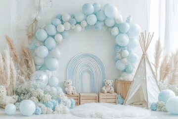 Pastel blue balloon arch with teddy bears boho rainbow and teepee