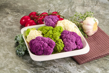 Raw cauliflower different colors heap