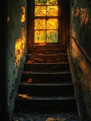 Autumnal light through decaying stairs window