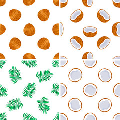 Seamless patterns with whole and halved coconuts and palm leaves on white background