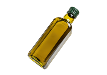 A  floating bottle of olive oil, completely horizontal, on a solid white background